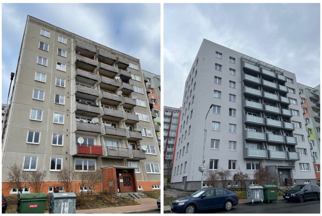 Foto před a po revitalizaci domu na ulici Jičínská 272