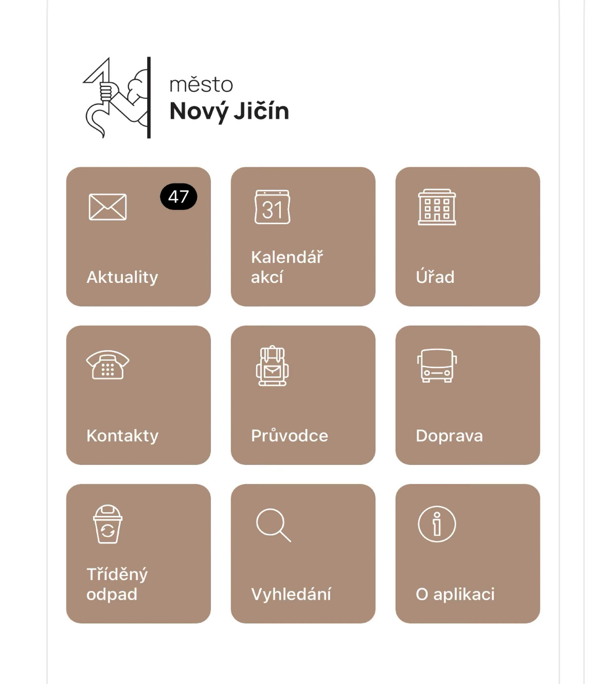 Úvodní strana aplikace Nový Jičín v mobilu