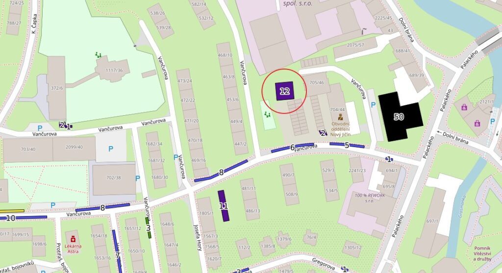 Mapa s vyznačením místa pro výstavbu parkoviště na Vančurově ulici