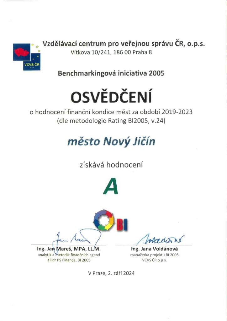 certifikát k finanční kondici města